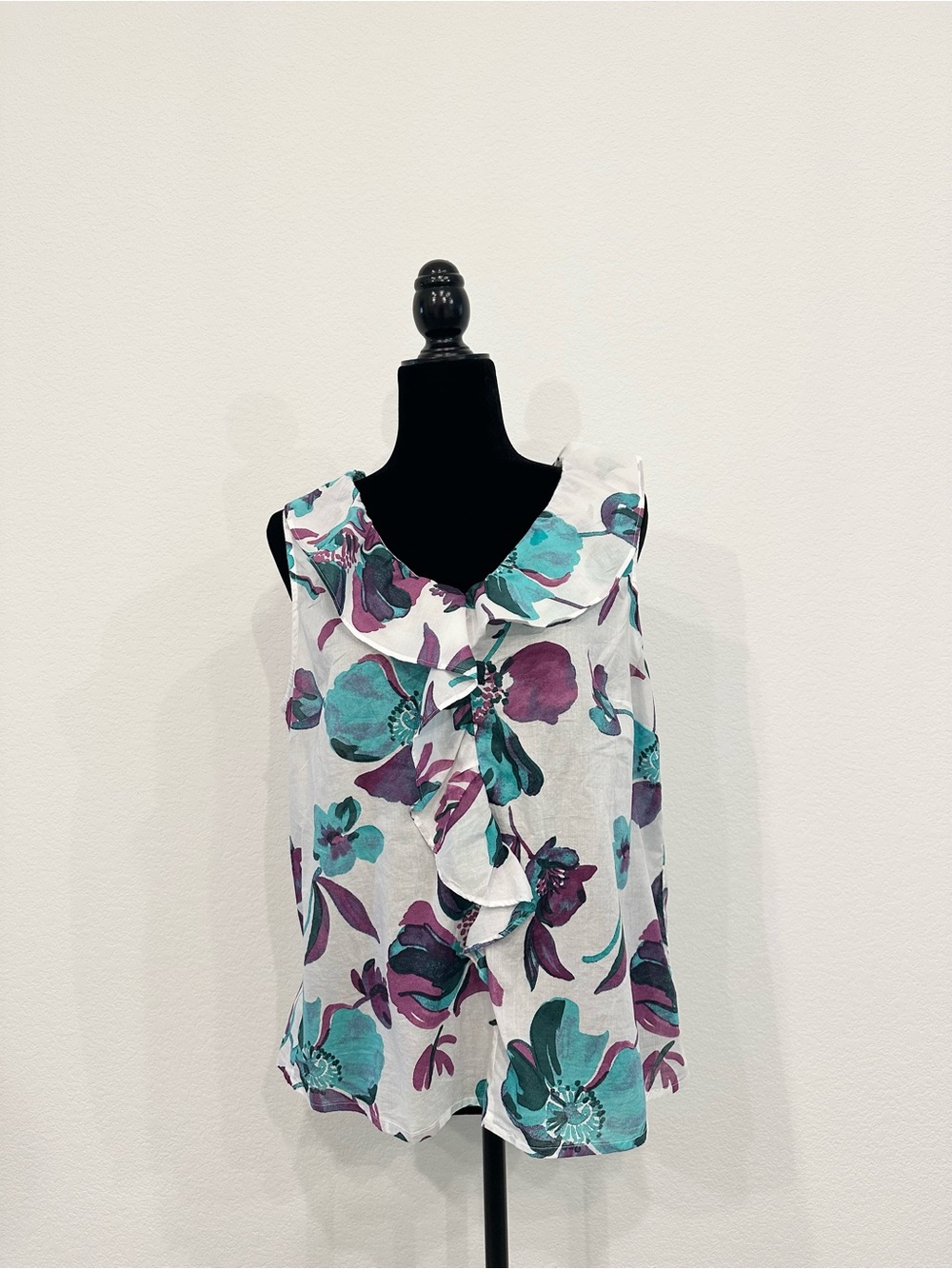 Talbots Sleeveless Floral Ruffle V-Neck Top - Teal & Purple